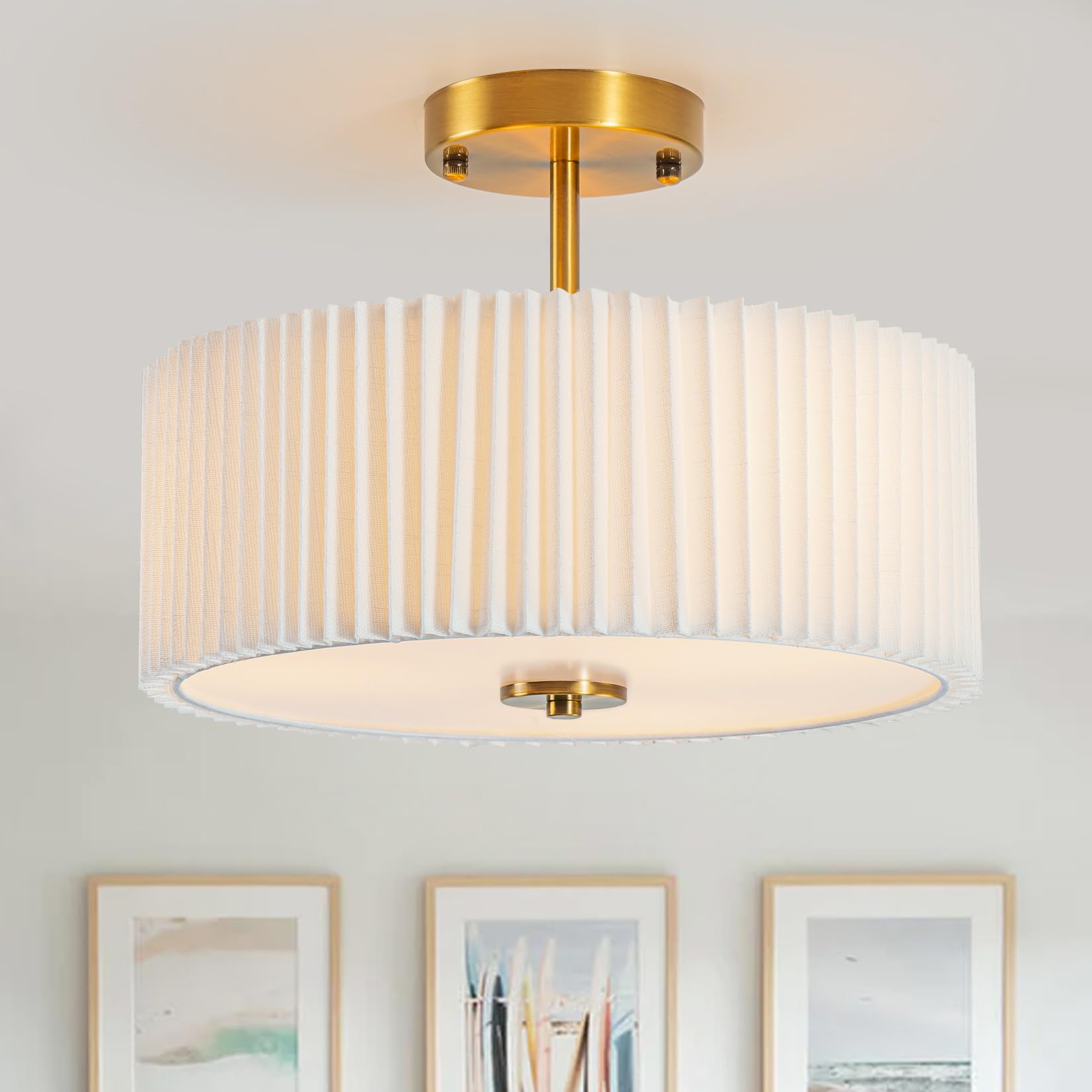 Bargeni semi-flush mount ceiling light with cream pleated shade for warm bedroom ambience