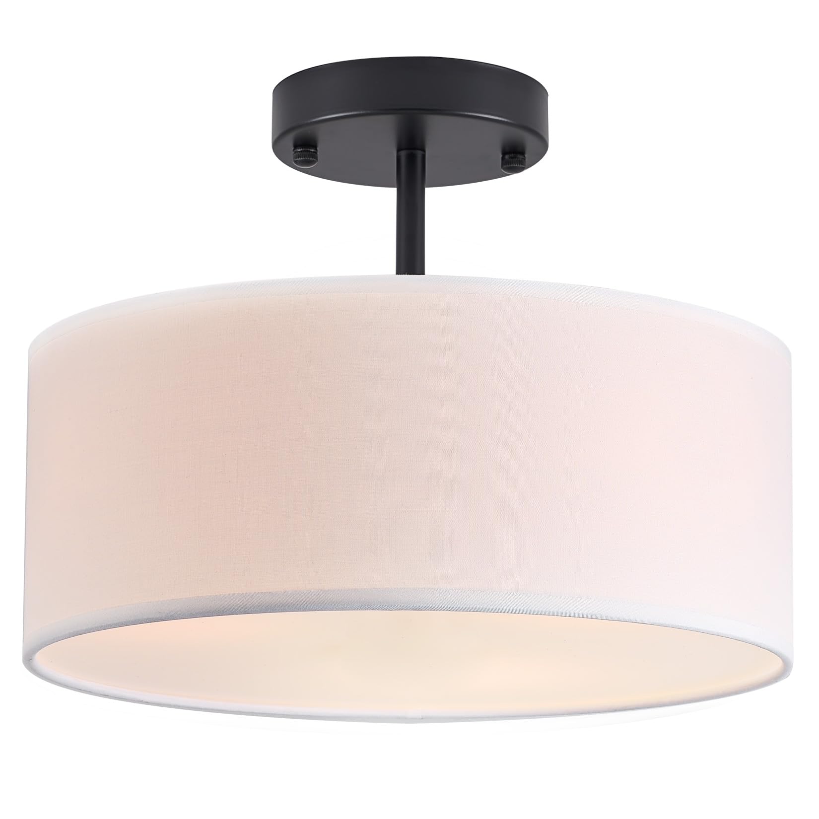 Bargeni semi-flush mount 3-light black fixture with fabric shade for modern ambience.