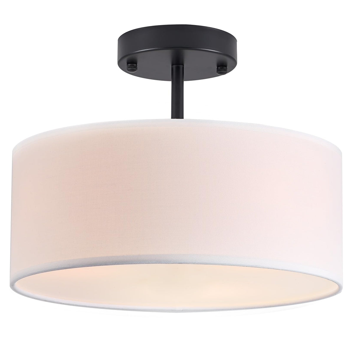 Bargeni semi-flush mount 3-light black fixture with fabric shade for modern ambience.