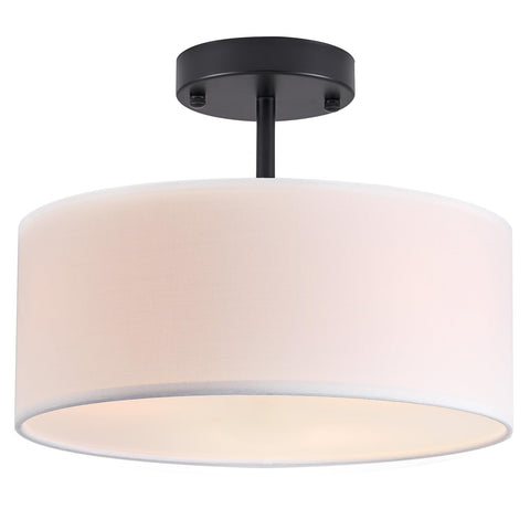 Bargeni semi-flush mount 3-light black fixture with fabric shade for modern ambience.