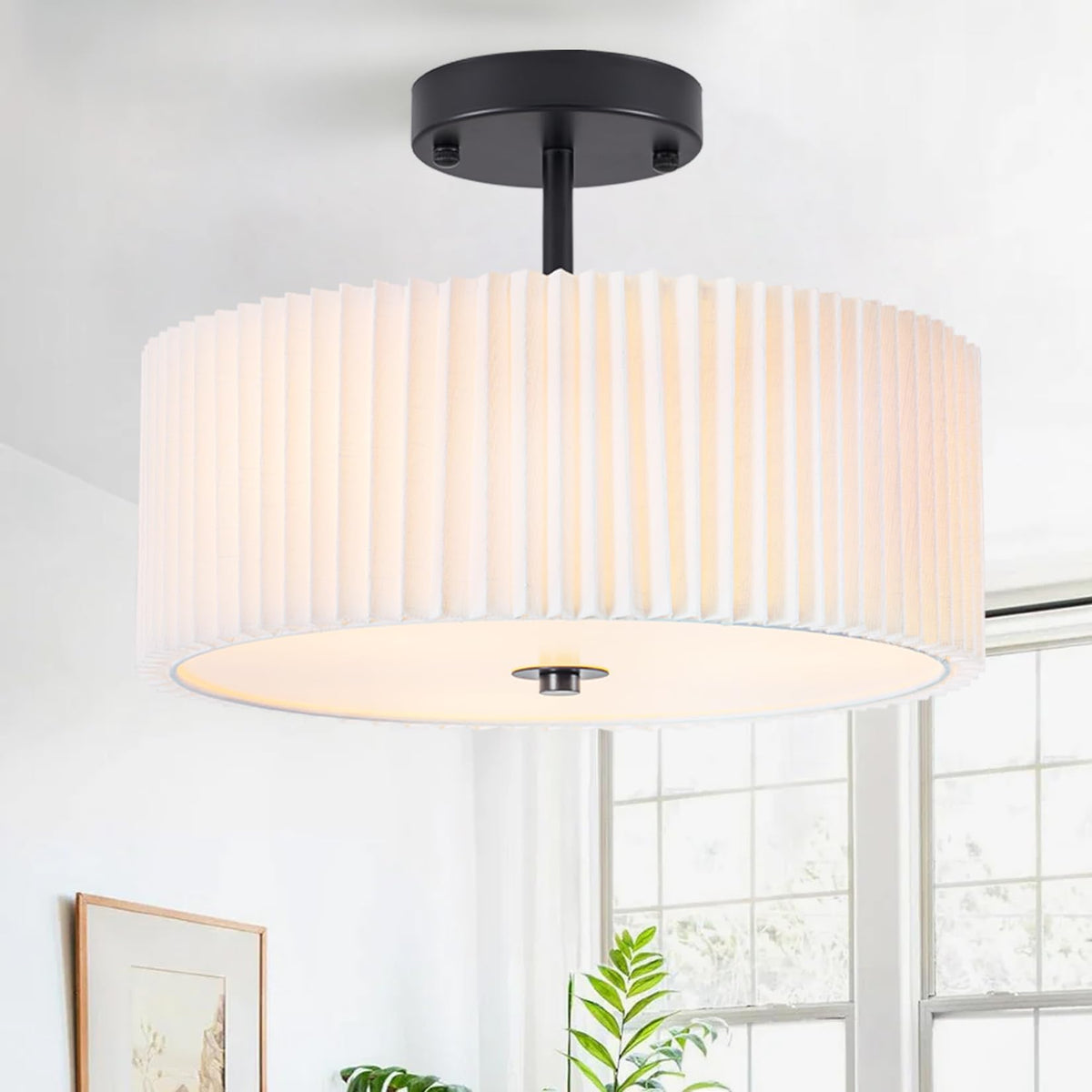 Bargeni semi flush mount closeup showing pleated shade for refined home style.