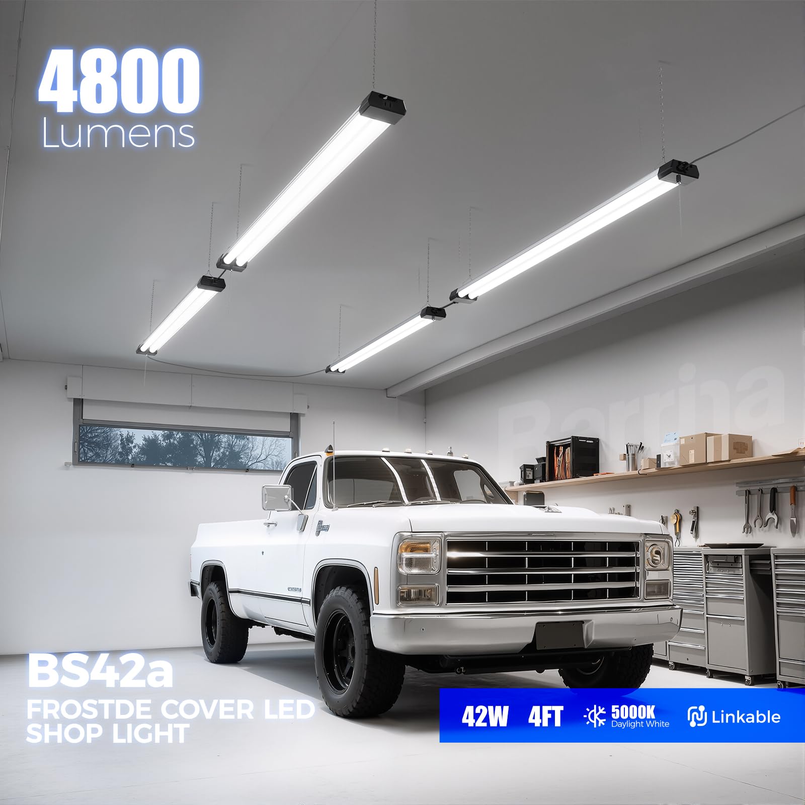 Barrina BS42a LED shop light showing concealed wiring for a clean ceiling look.