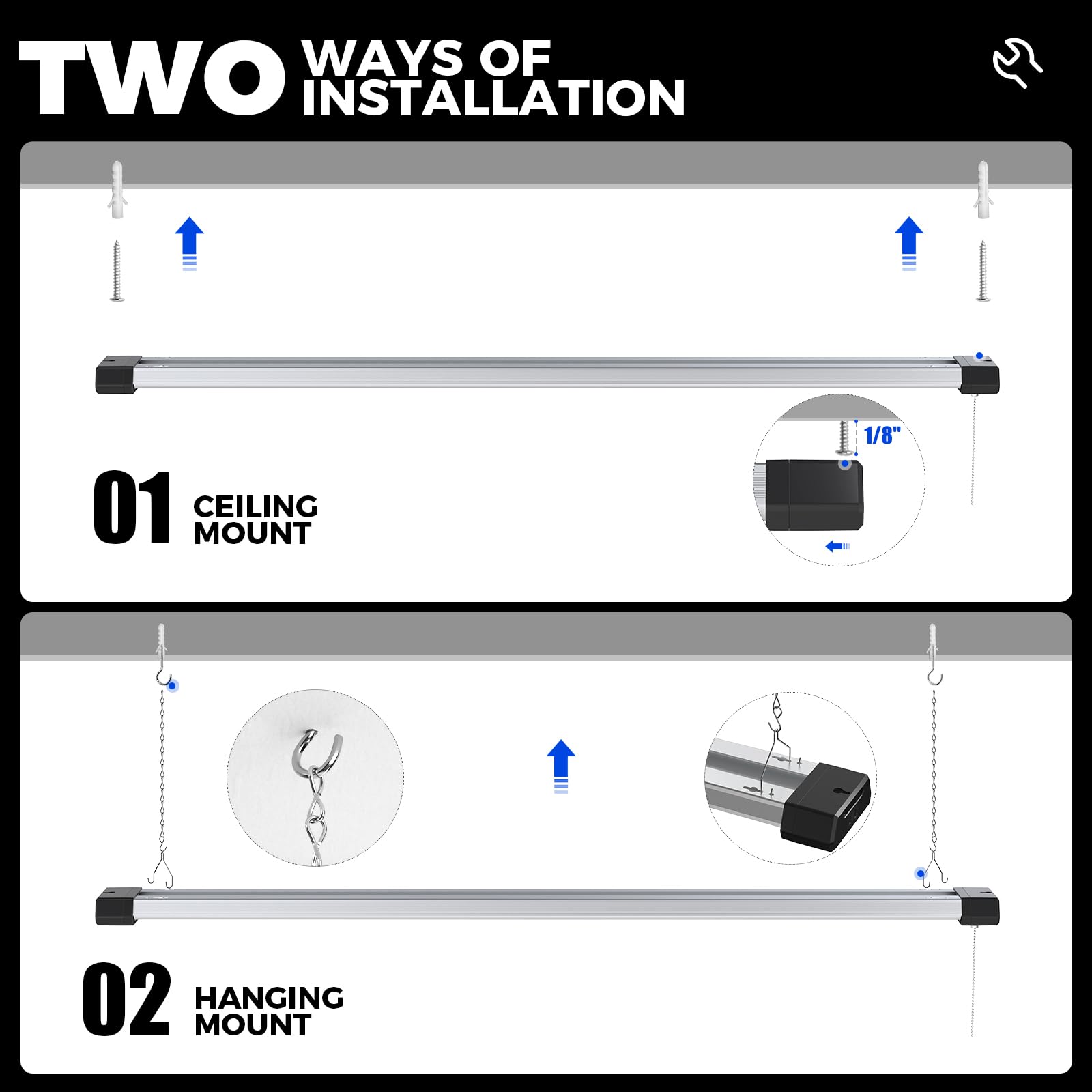 Barrina BS42a LED shop light hanging-chain setup for flexible placement.