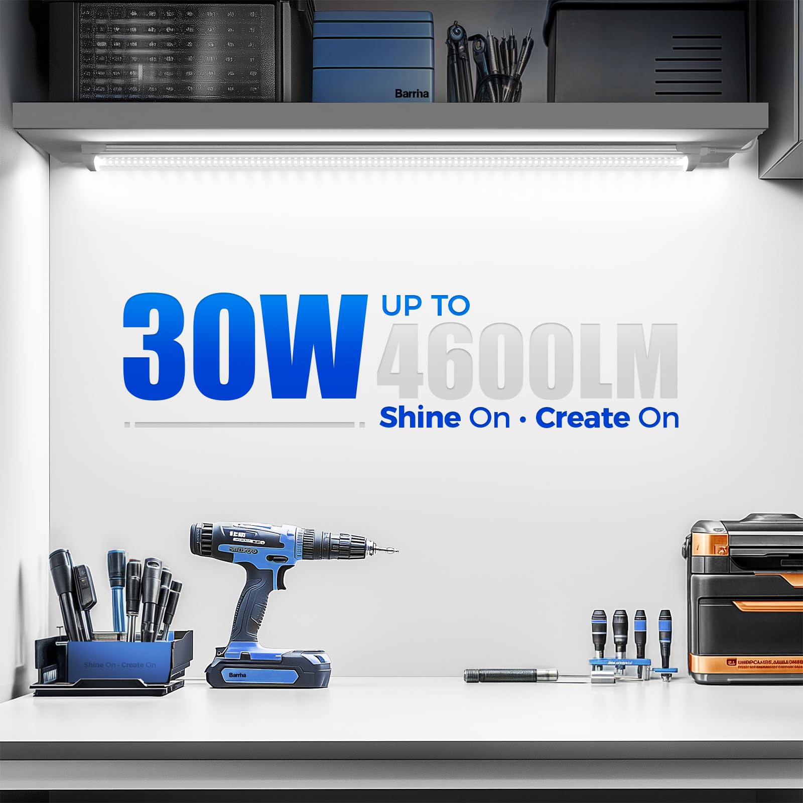 Barrina LED shop light with V-shaped cover reducing shadows for workshop tasks