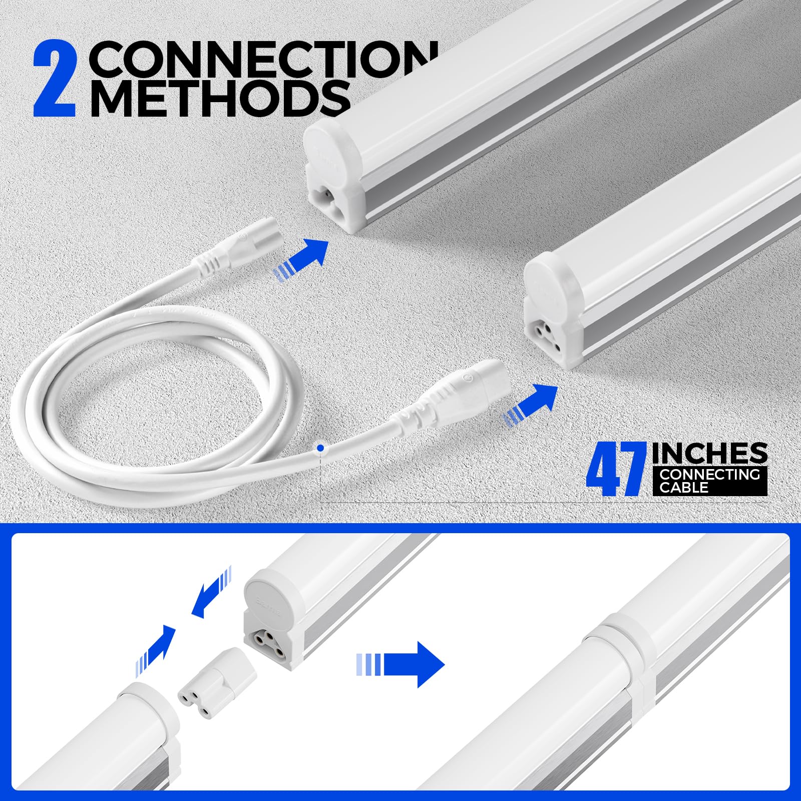 Barrina T5 LED shop light packaging with power cords ready for quick setup