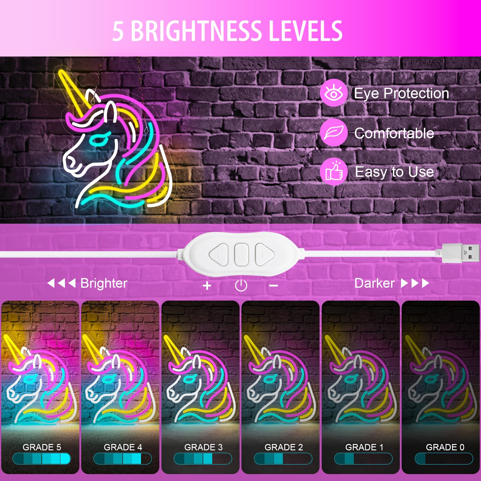 Basaneon dimmable unicorn light with adjustable brightness for mood creation