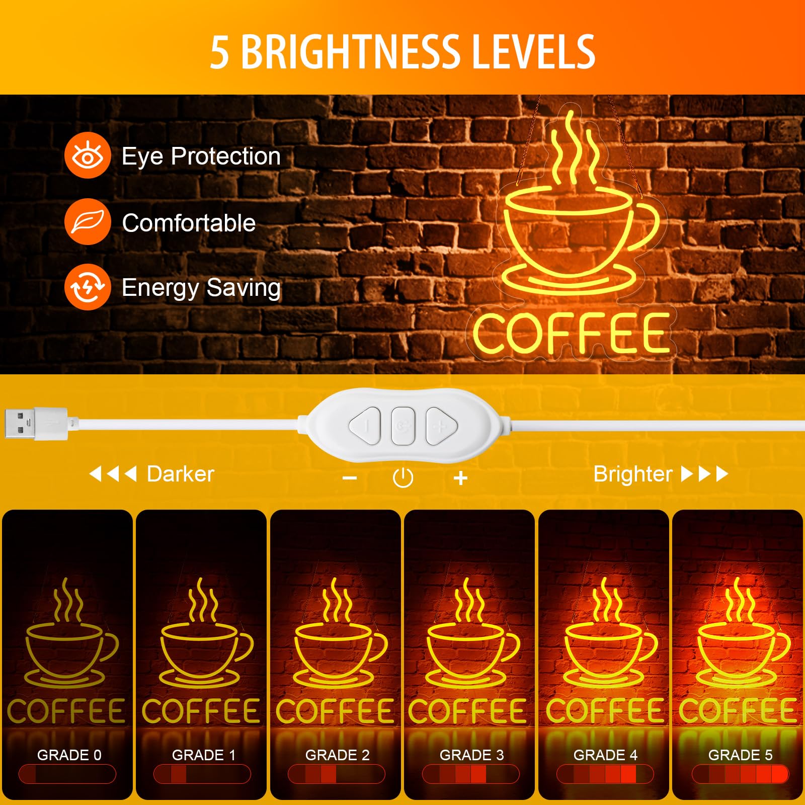 Basaneon USB powered coffee sign cable for easy plug-and-play display
