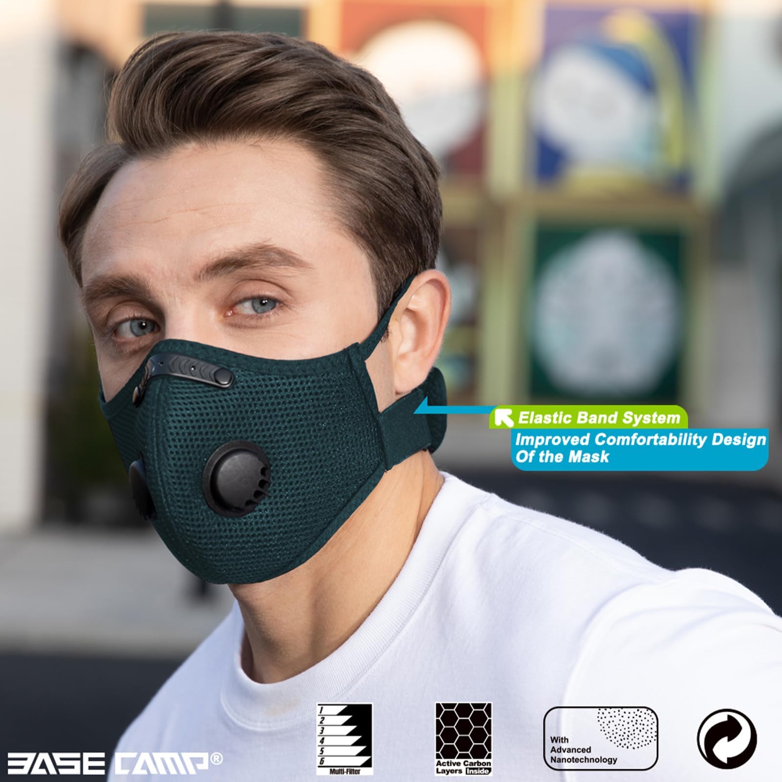 BASE CAMP dust mask Dark Tiber side view, adjustable neckband for comfortable fit
