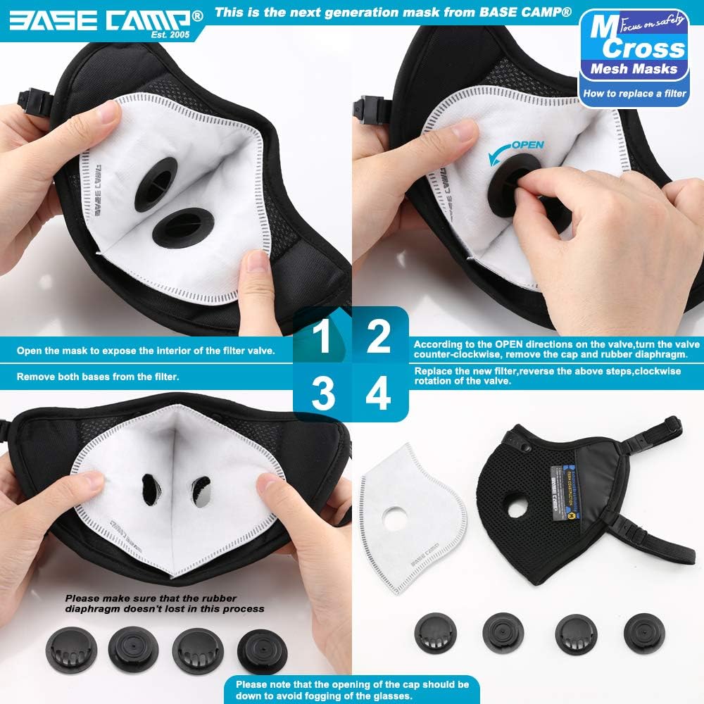 BASE CAMP M Cross Dust Mask with replaceable activated carbon filter for ongoing protection.