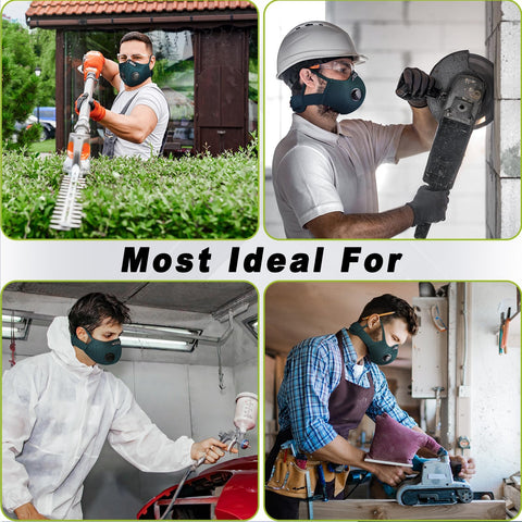BASE CAMP M Plus dust mask in use during woodworking and outdoor projects