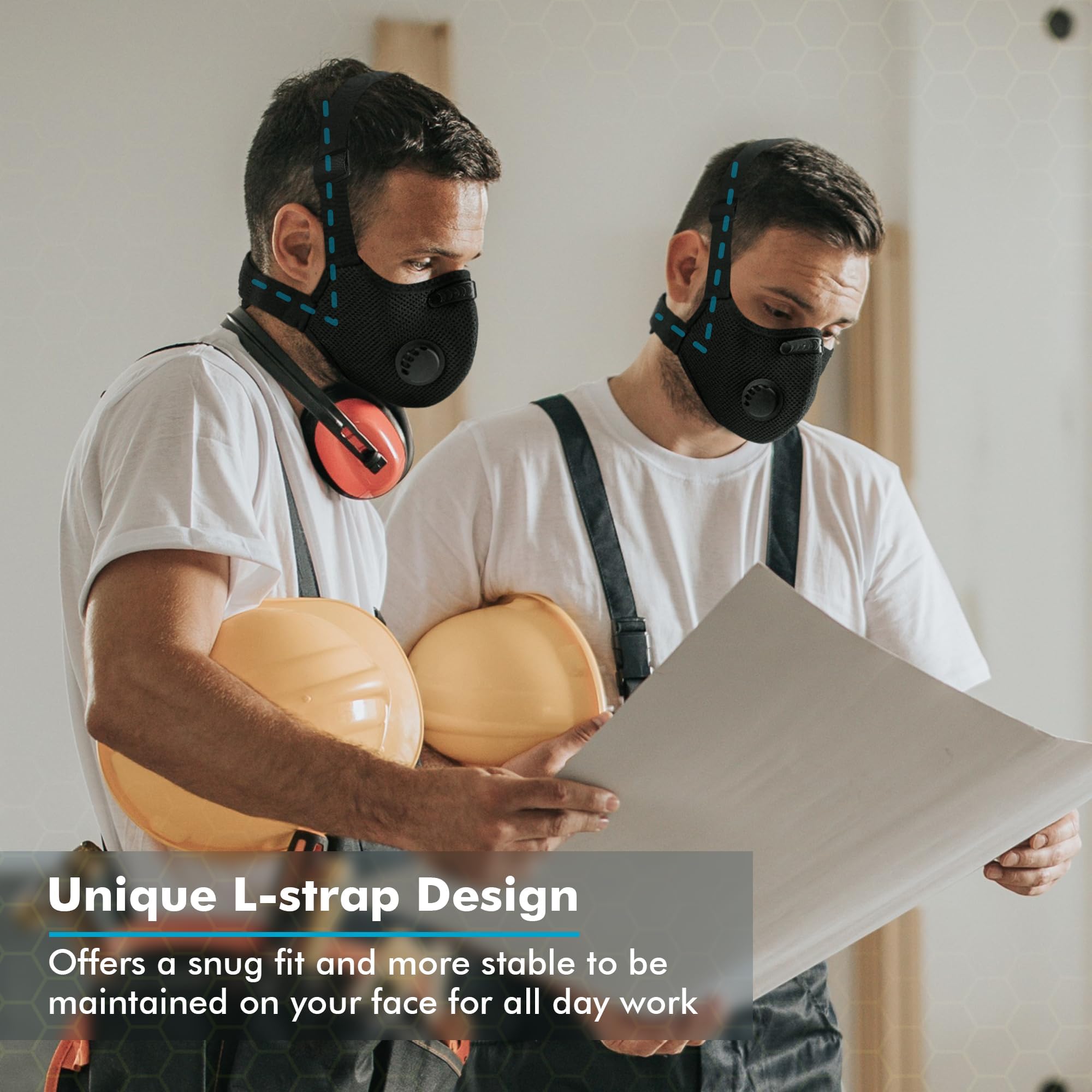 BASE CAMP M PRO dust mask side view showing secure fit and adjustable straps.