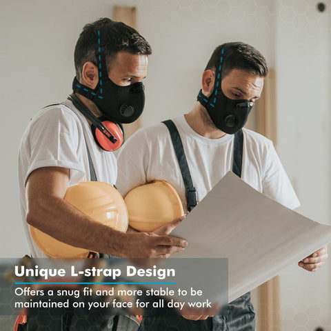 BASE CAMP M PRO dust mask side view showing secure fit and adjustable straps.