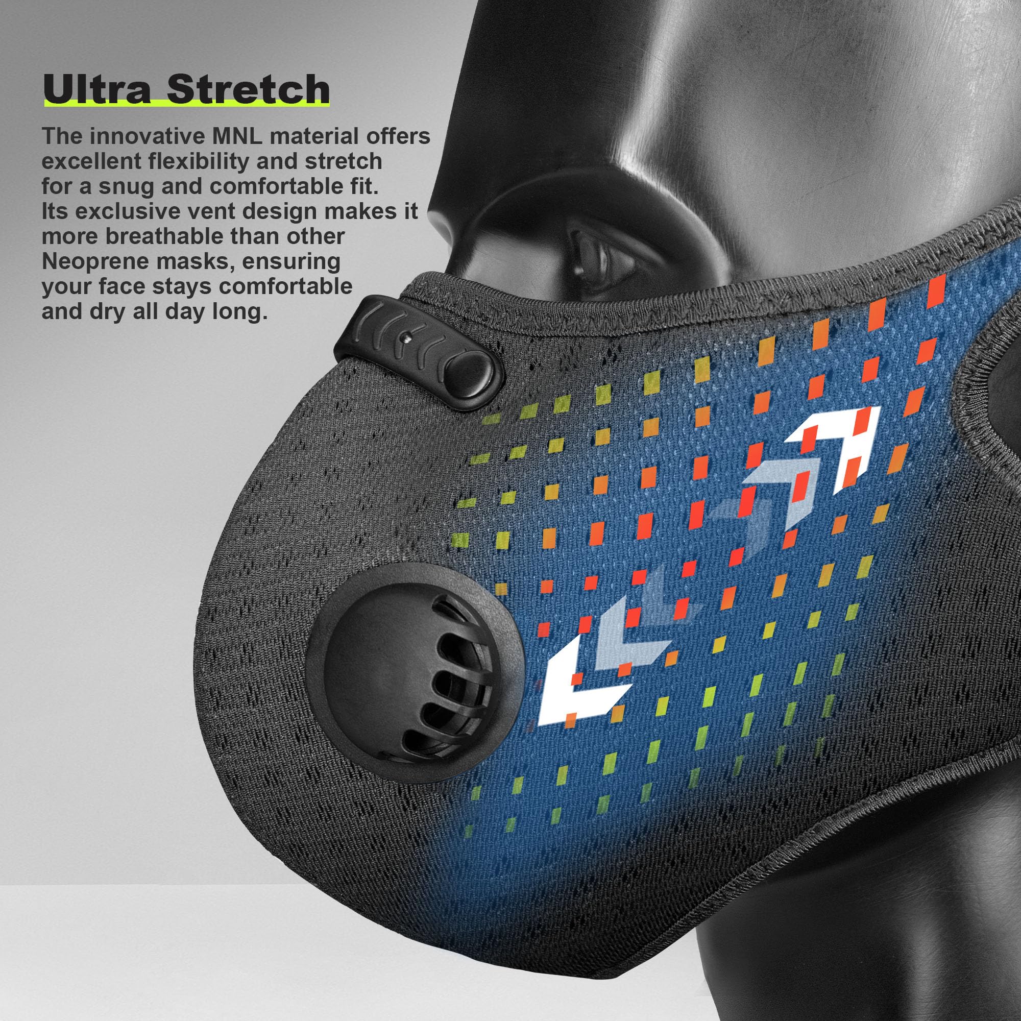 BASE CAMP M Pro dust mask six-filter layers highlight strong dust and pollen protection.