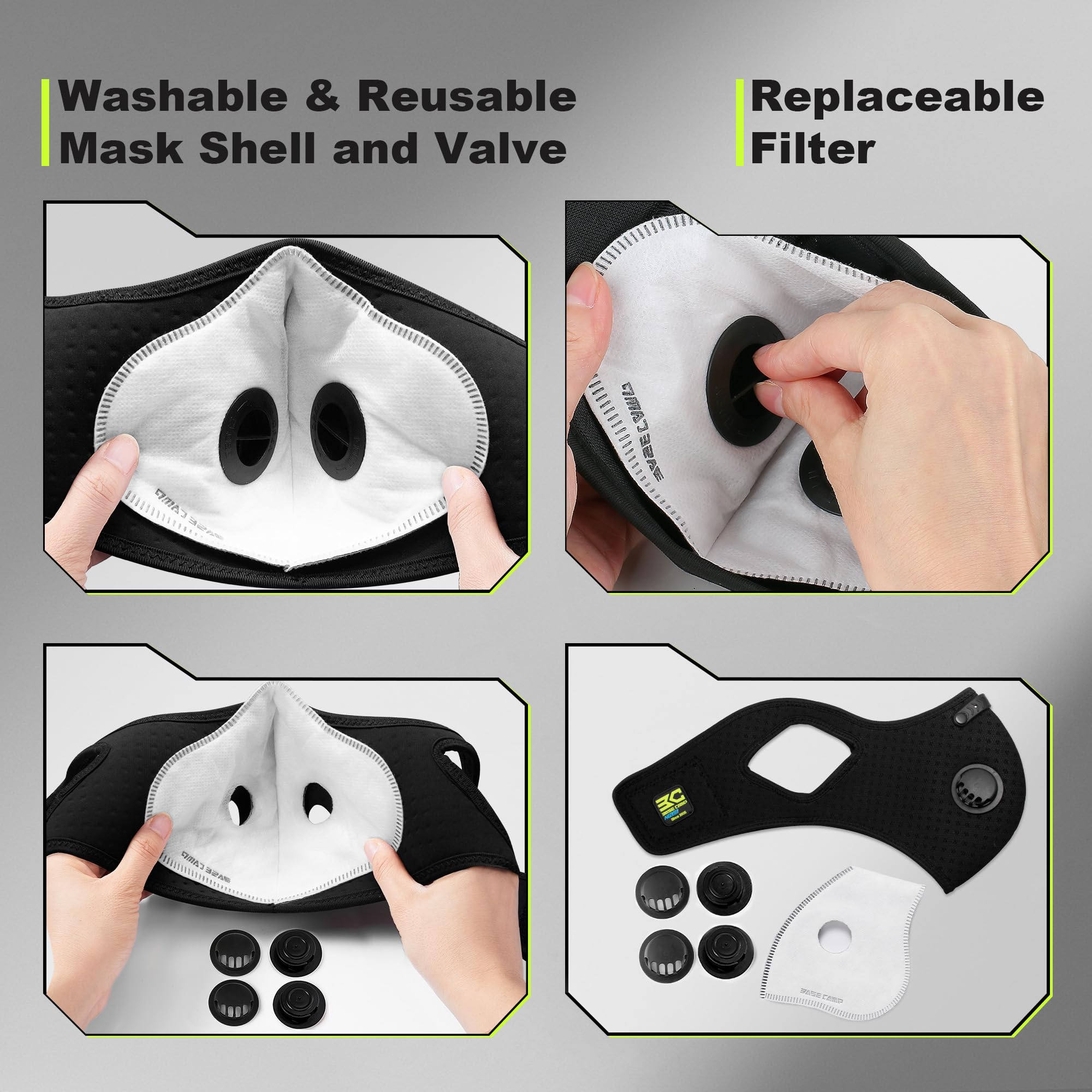 BASE CAMP M Pro dust mask includes storage bag and replacement filters for reuse.