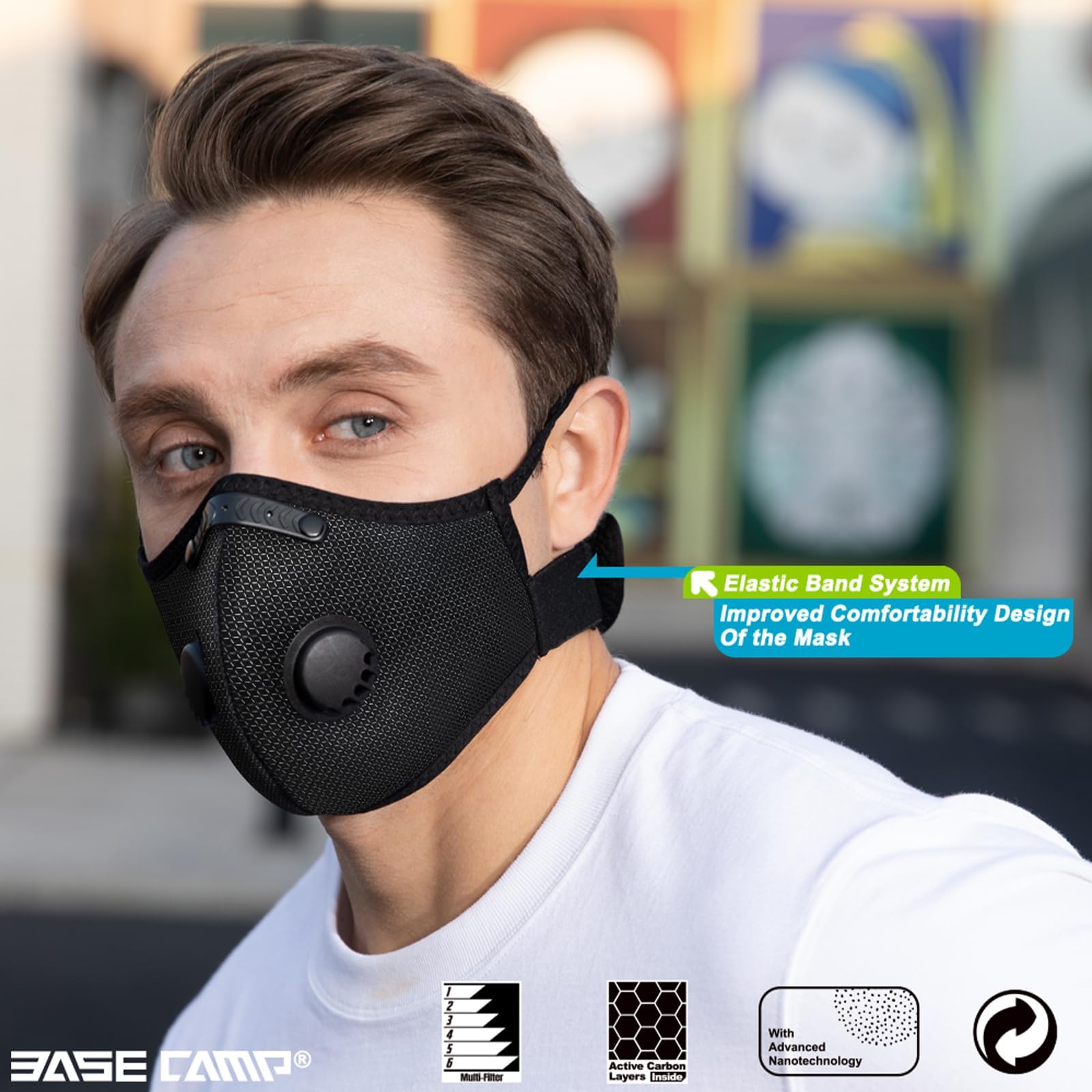 BASE CAMP M Plus dust mask side view showing adjustable neck strap for fit