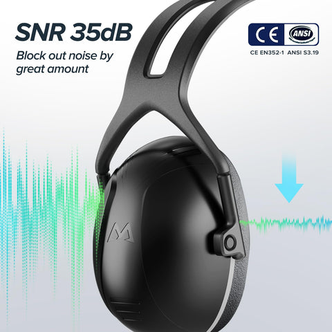 Basear ear muffs with soft foam cushions for extended wear comfort.