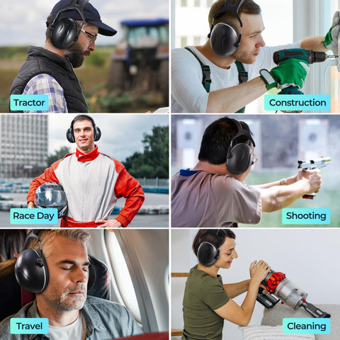 Basear earmuffs ideal for mowing, shooting, yard work, and travel.