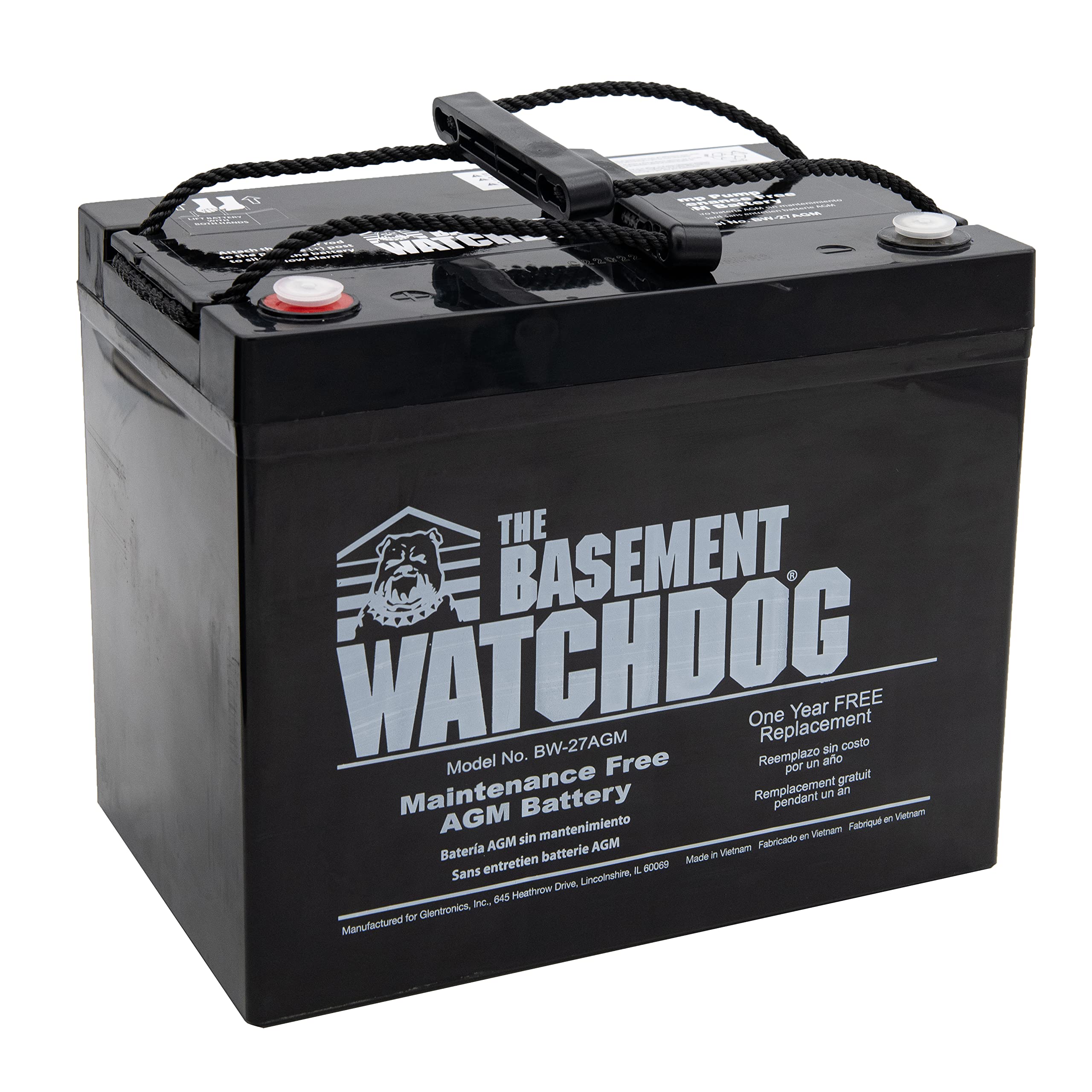 Close-up of the Basement Watchdog AGM battery in use during a power outage.