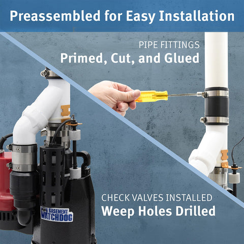 Emergency battery backup sump pump by The Basement Watchdog with 24/7 monitoring.