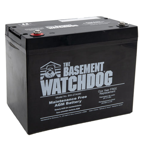 The Basement Watchdog BW-27AGM maintenance-free battery powers backup sump pumps.
