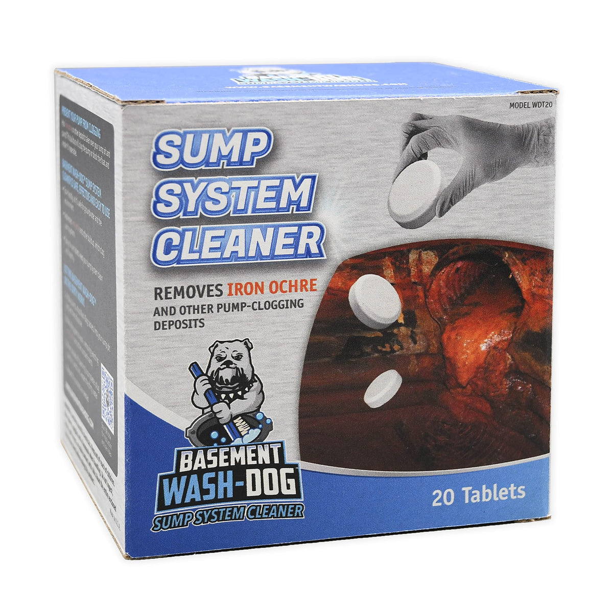 THE BASEMENT WATCHDOG Wash-Dog tablets dropping into a sump pit to curb buildup