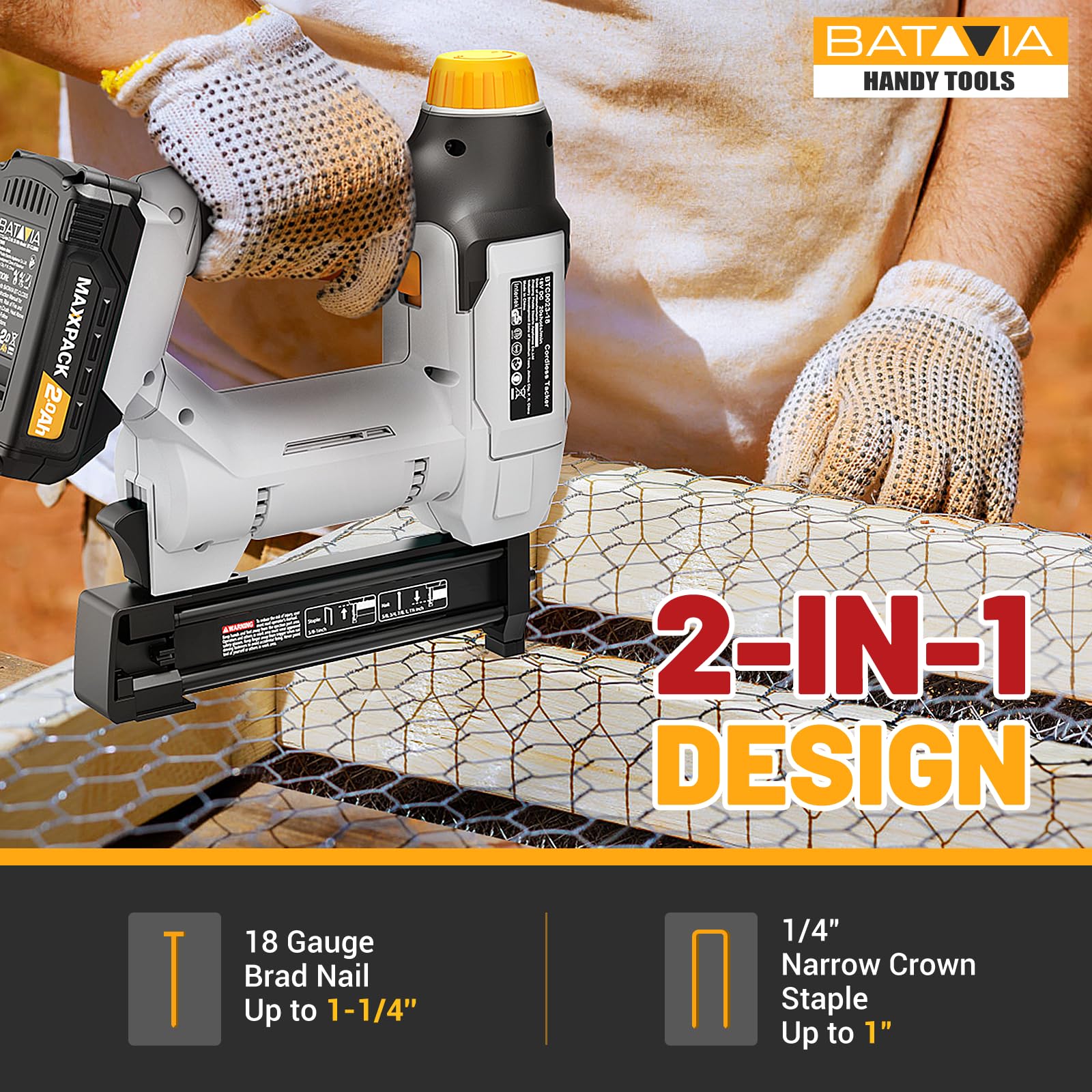 Batavia 2-in-1 cordless nail-staple gun enabling versatile DIY tasks.