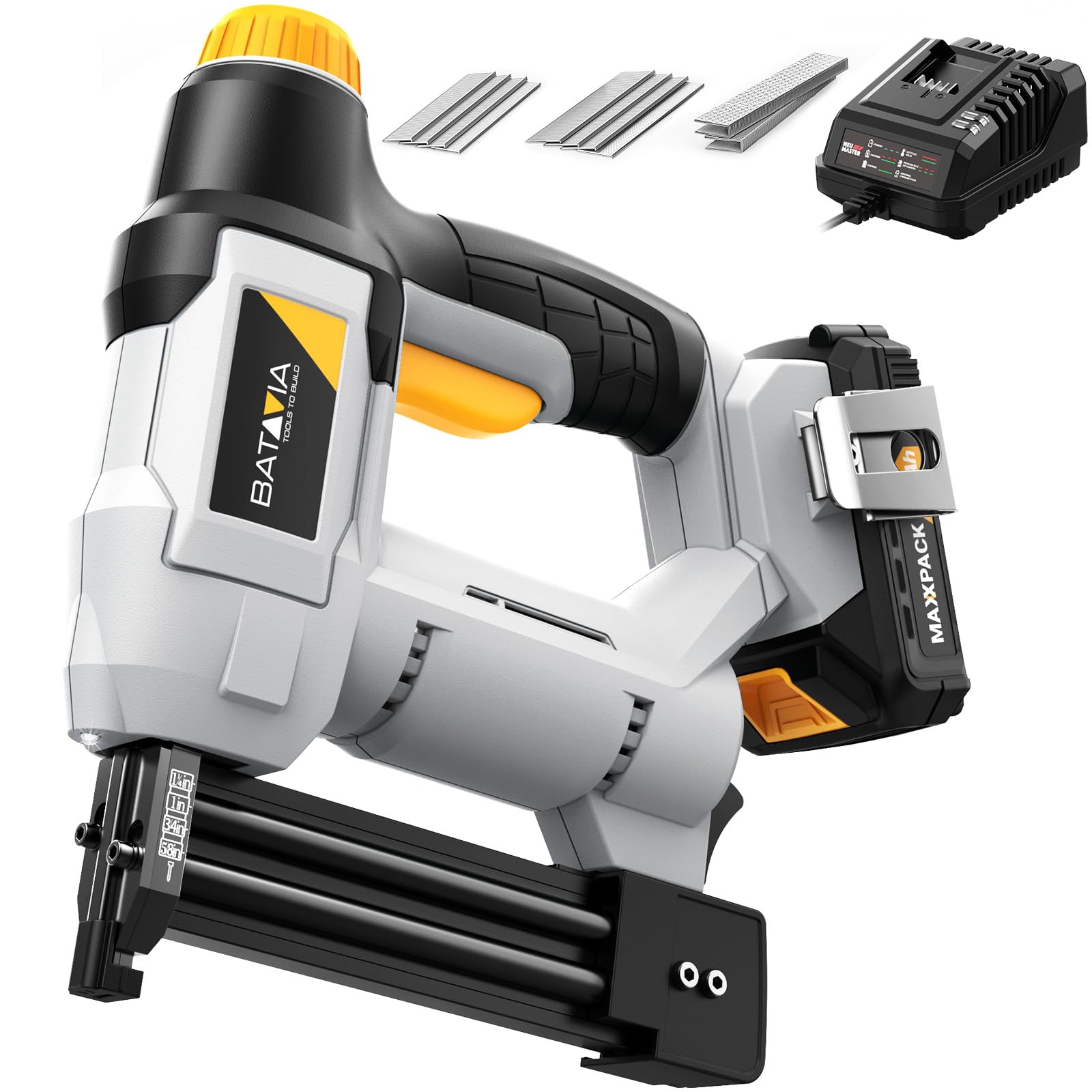 Batavia 20V cordless nail gun in action for portable woodworking projects.