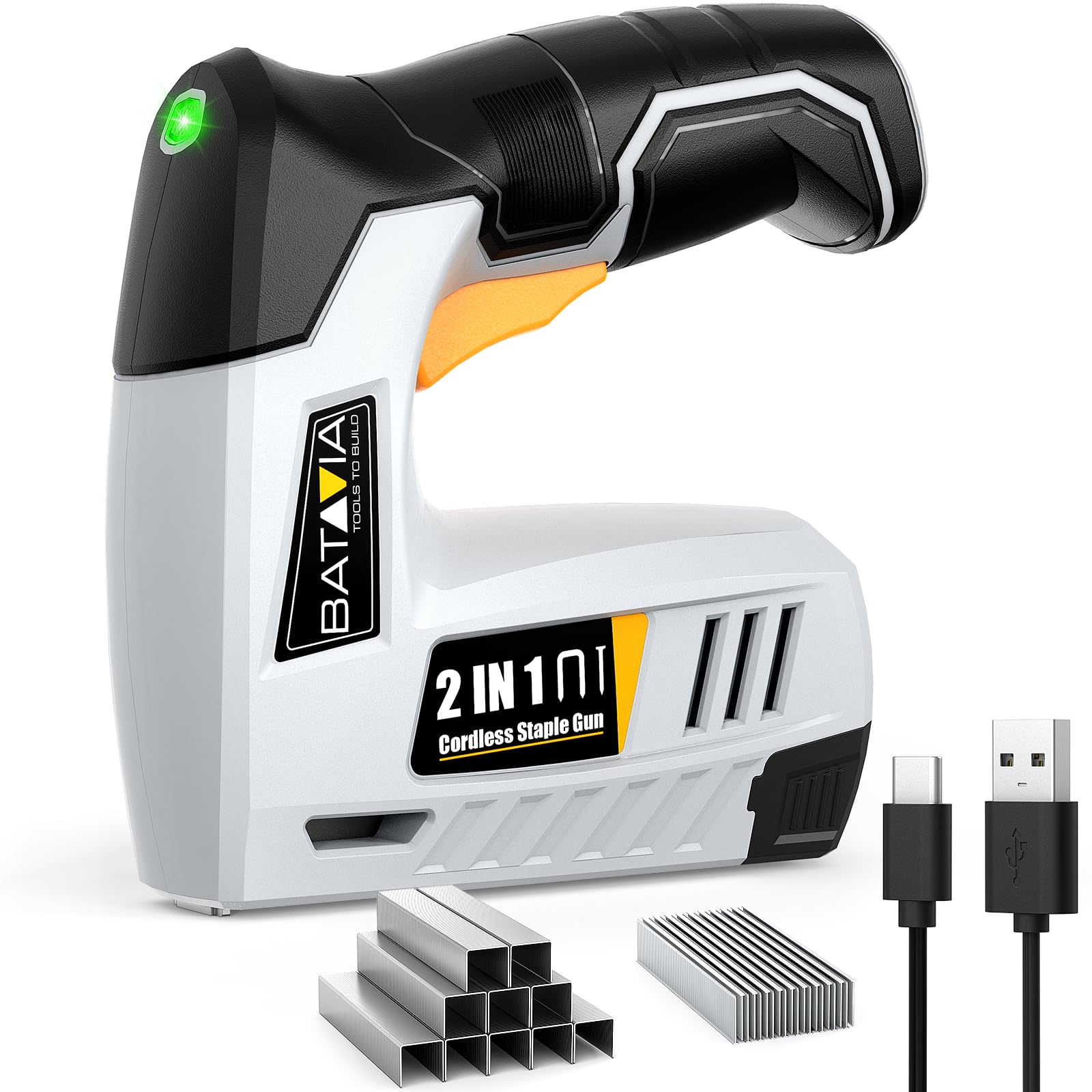 Batavia electric staple gun front view showcases compact cordless power for upholstery tasks