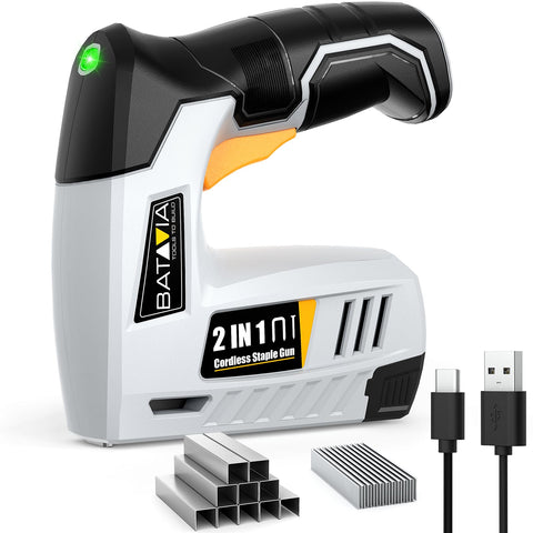 Batavia electric staple gun front view showcases compact cordless power for upholstery tasks