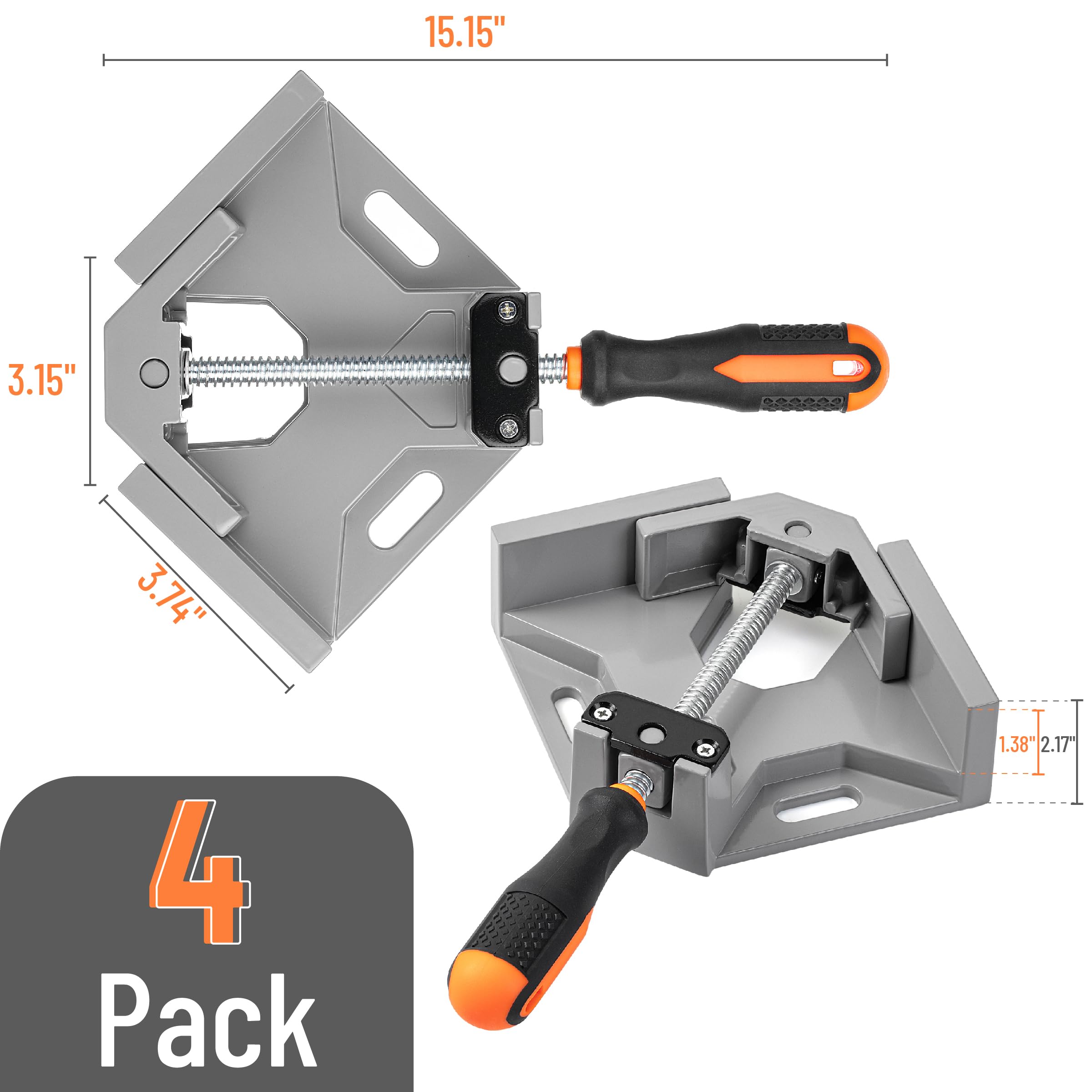 90-degree alignment with adjustable swing jaw for accurate framing.