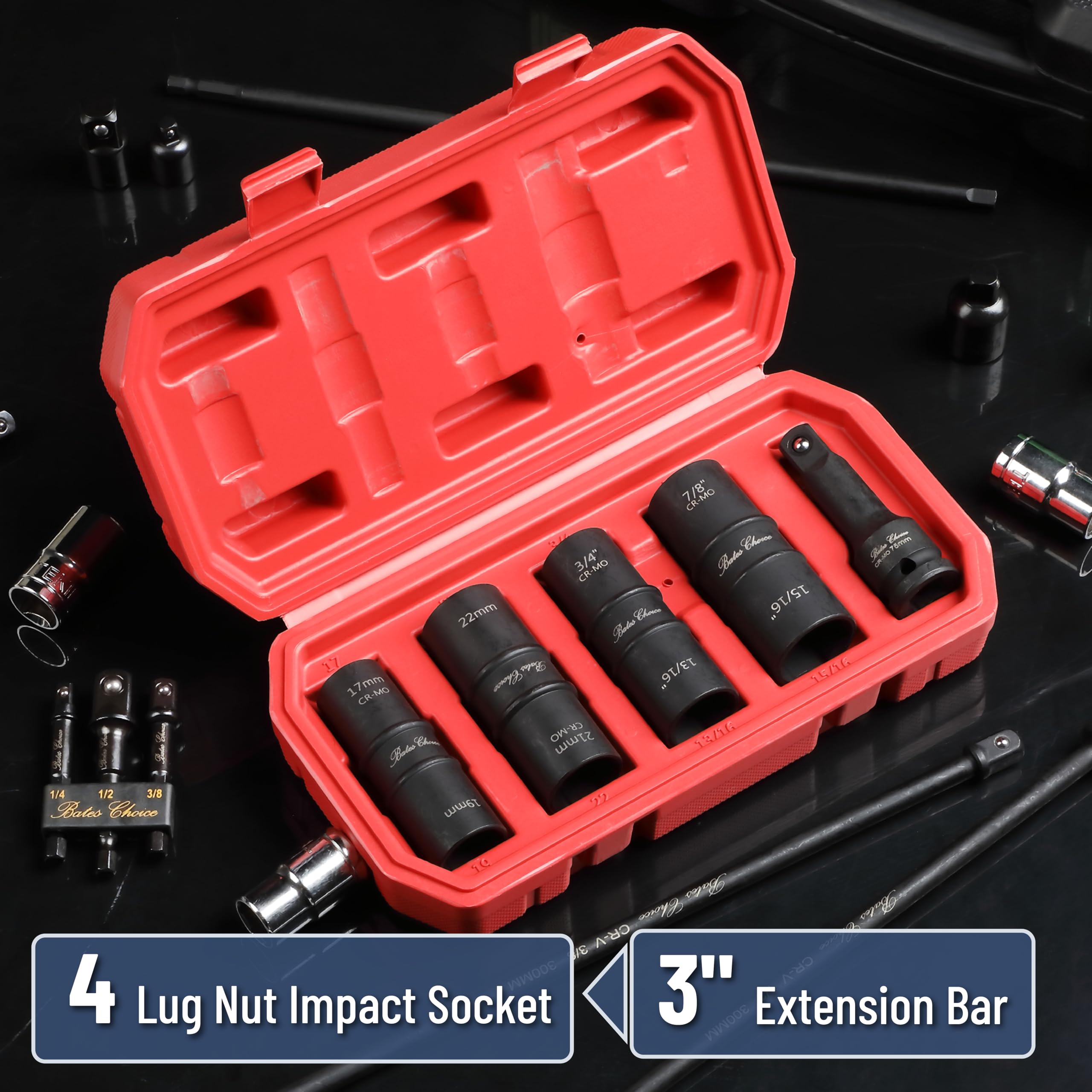 Bates Choice extension bar provides extra reach for tight tire changes.