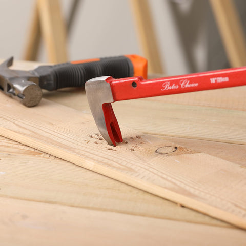 Bates Choice red-handled pry bar used in flooring removal