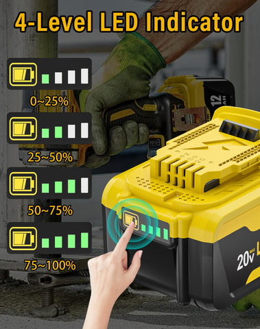 BatFance 12Ah battery label confirms Dewalt compatibility and safety features.
