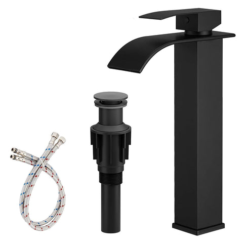 Bathfinesse vessel sink faucet with matte black finish and waterfall flow for a refined look