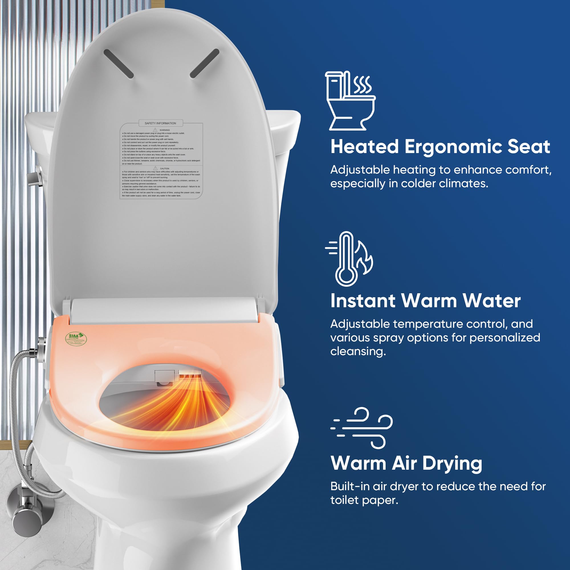 Bathkity bidet seat features warm air dryer for quick, gentle drying.
