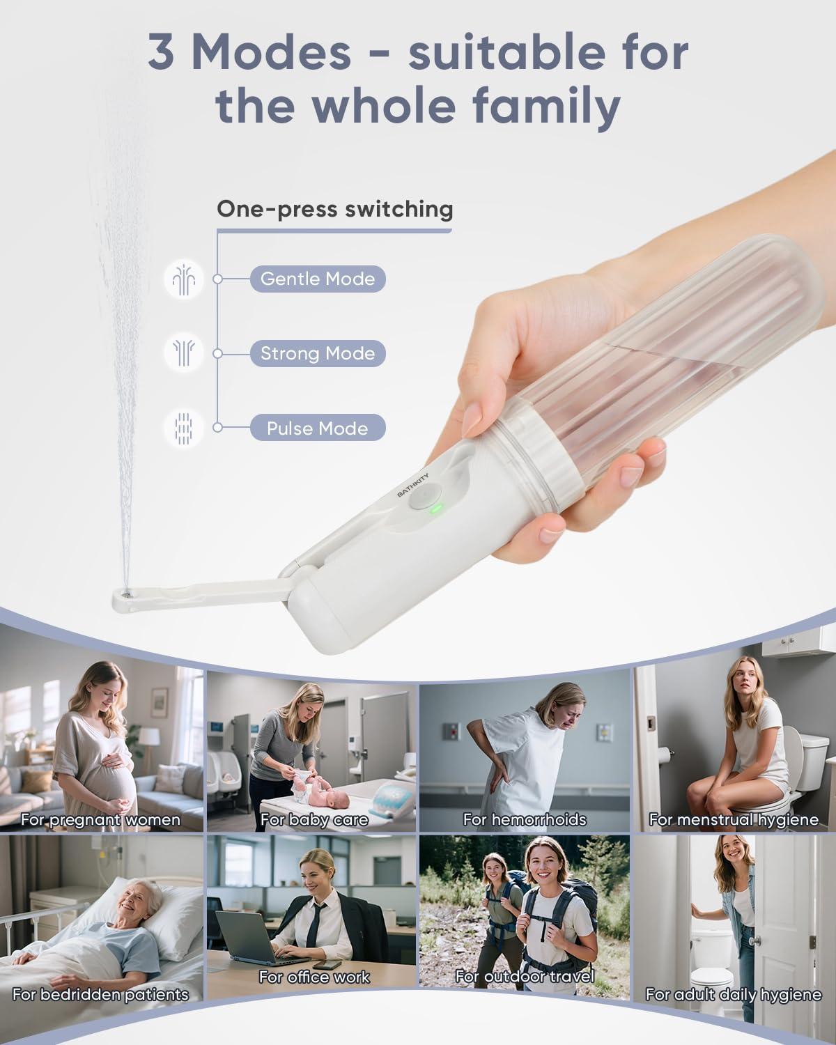 BathKITY bidet showing soft, strong, and pulse spray modes for customization.