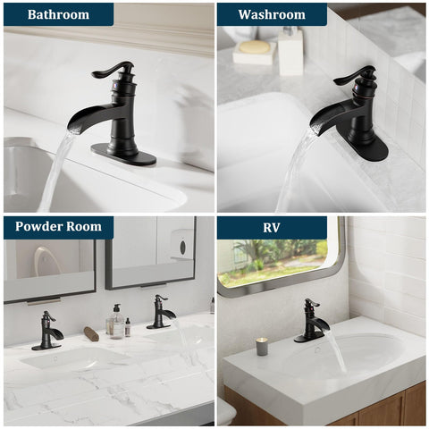 BathLAVISH deck-mount faucet shown in a modern vanity setup.