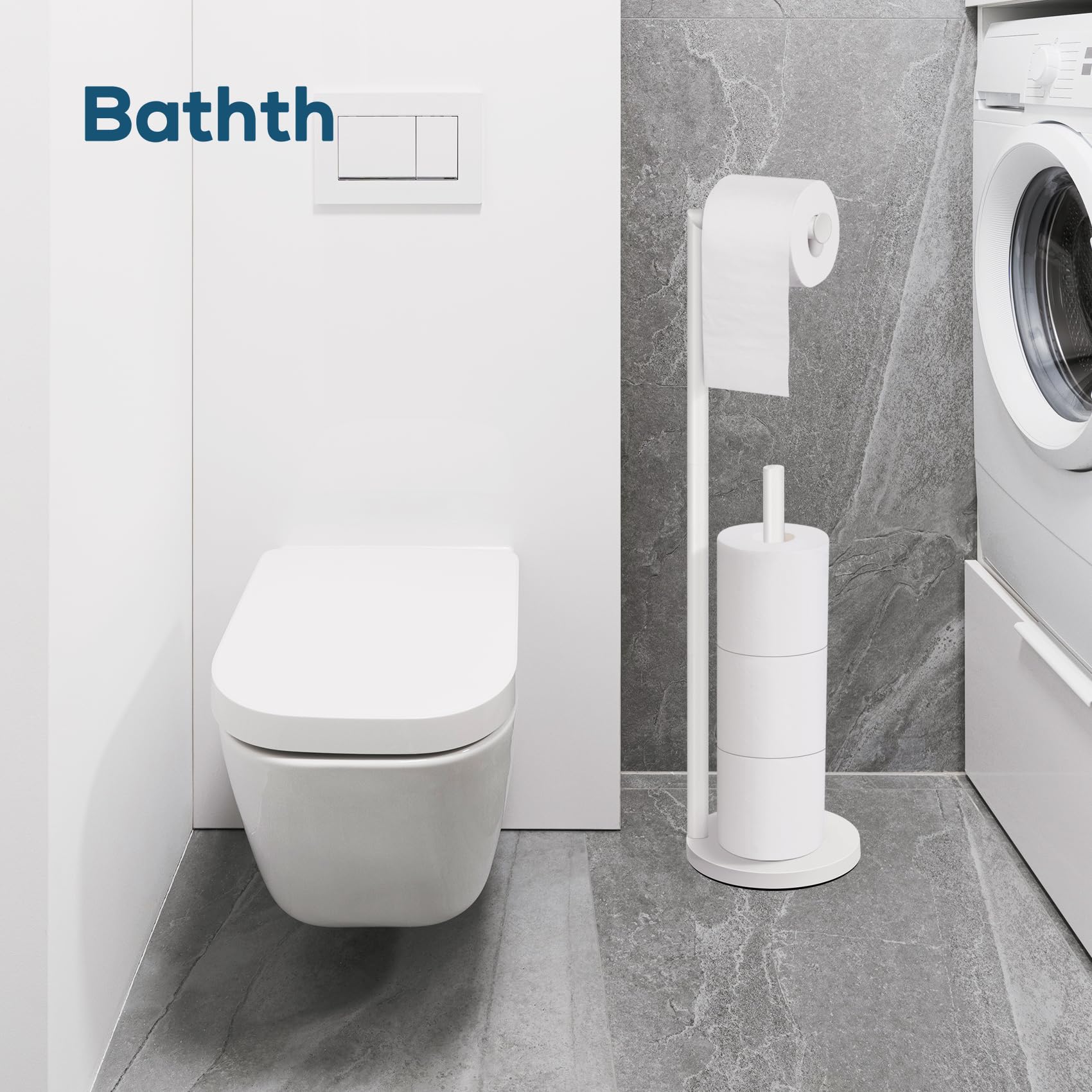 Bathth bathroom organization solution that blends with white decor.