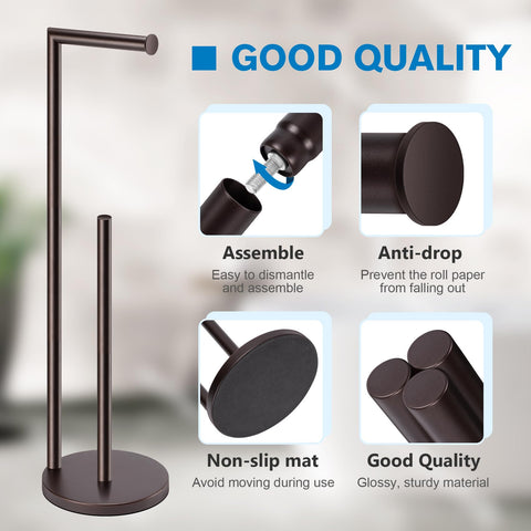Bathth bronze toilet paper storage stand helps reduce vanity clutter.