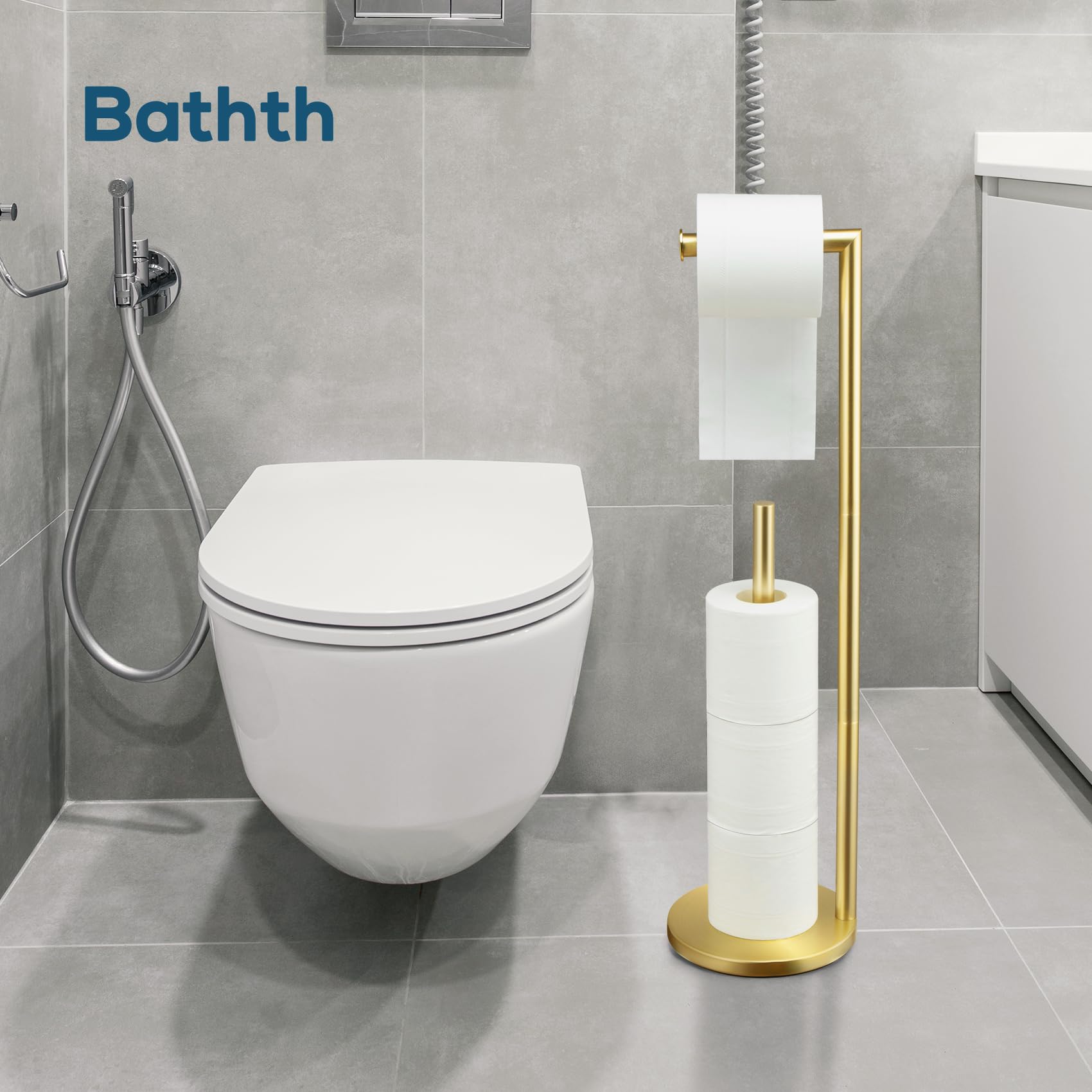 Bathth easy-assembly gold toilet paper stand installed in minutes.