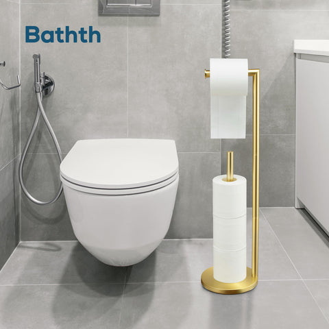 Bathth easy-assembly gold toilet paper stand installed in minutes.