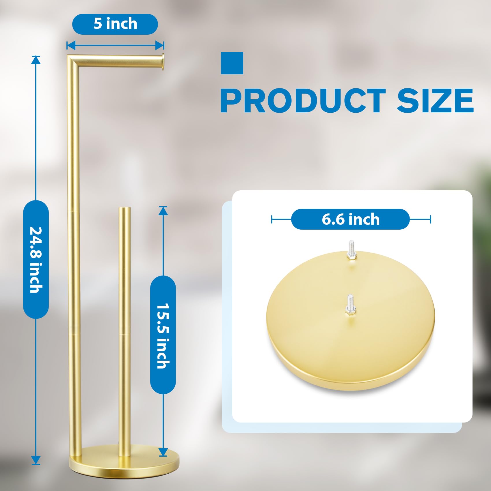 Bathth free-standing gold toilet paper holder fits compact spaces.