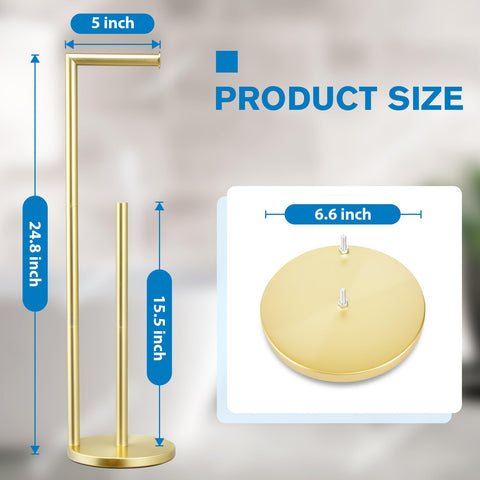 Bathth free-standing gold toilet paper holder fits compact spaces.