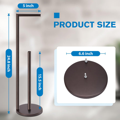 Bathth free-standing bronze toilet paper holder adds elegant storage in a busy home.
