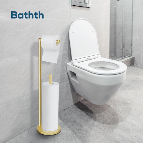 Bathth space-saving stand stores three spares for convenience.