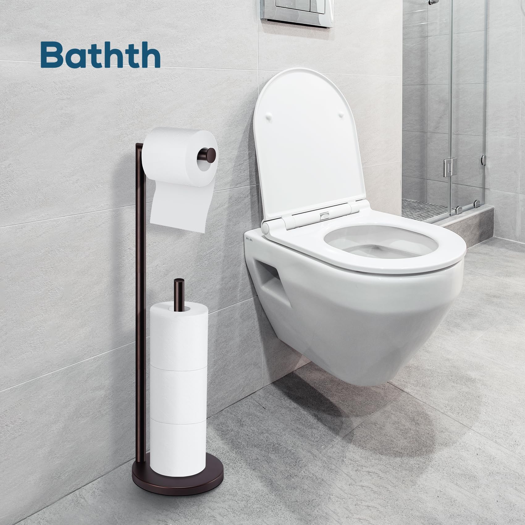 Bathth space-saving stand for four rolls fits narrow spaces and tight corners.