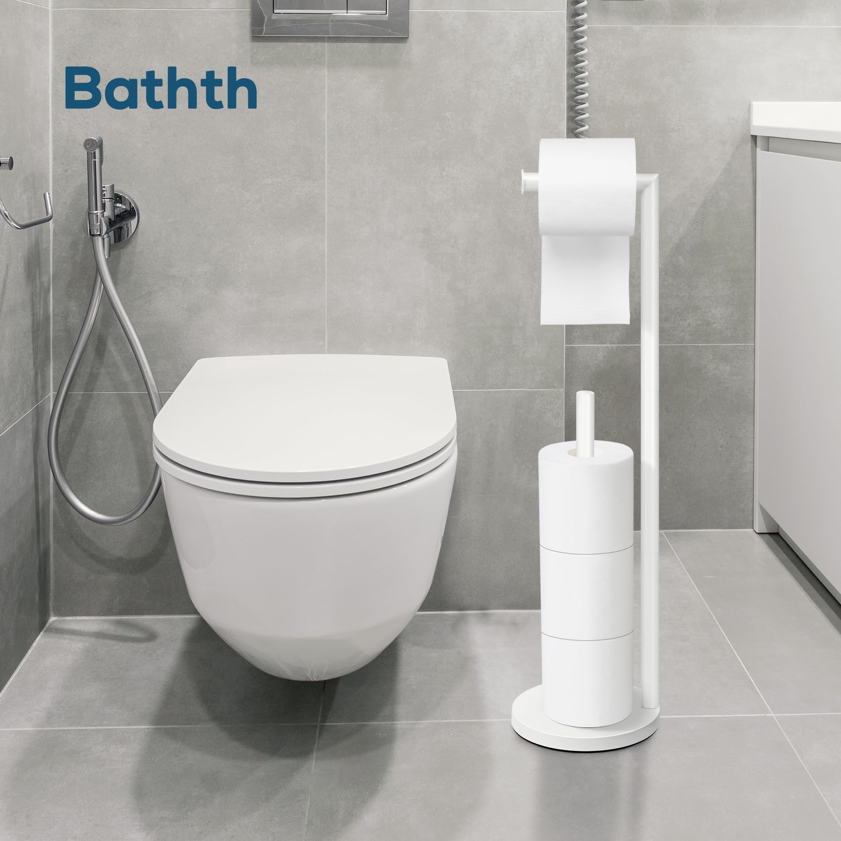 Bathth space-saving stand fits beside sinks for quick replacements.