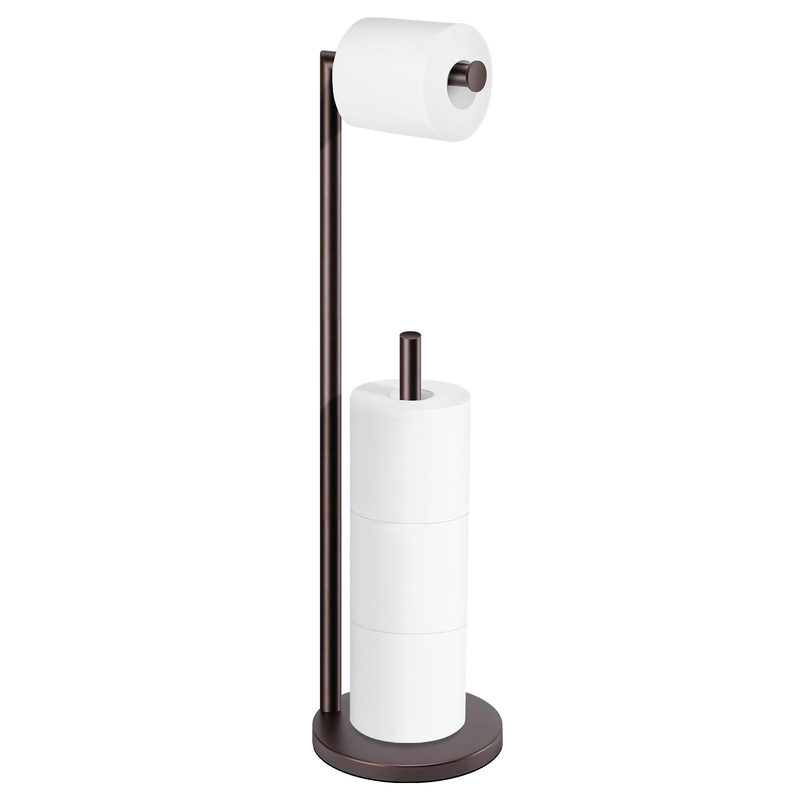 Bathth bronze four-roll toilet paper stand keeps essentials within reach in a clean bathroom.