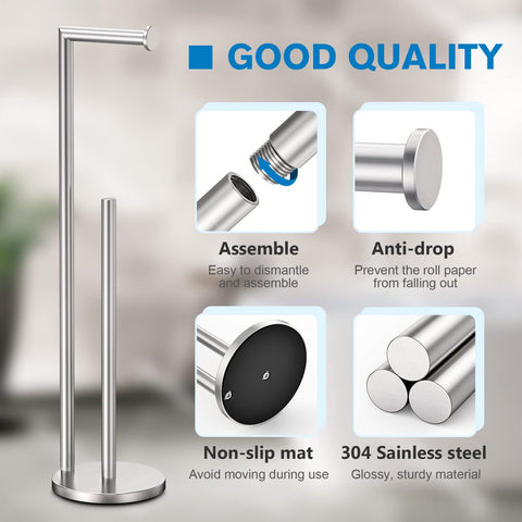 Bathth stand, brushed nickel, dispensing area shown, easy access for daily toilet paper needs.