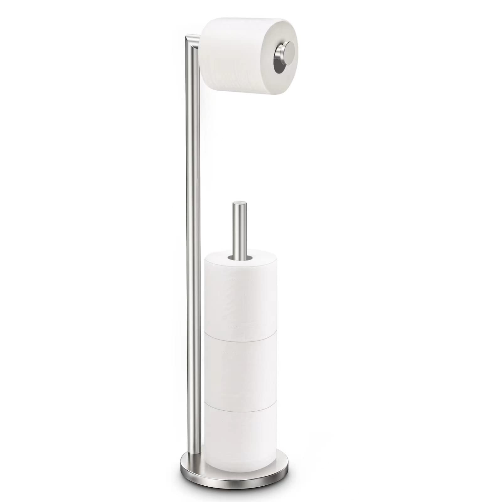 Bathth toilet paper holder stand with brushed nickel, front view, sturdy free-standing design.